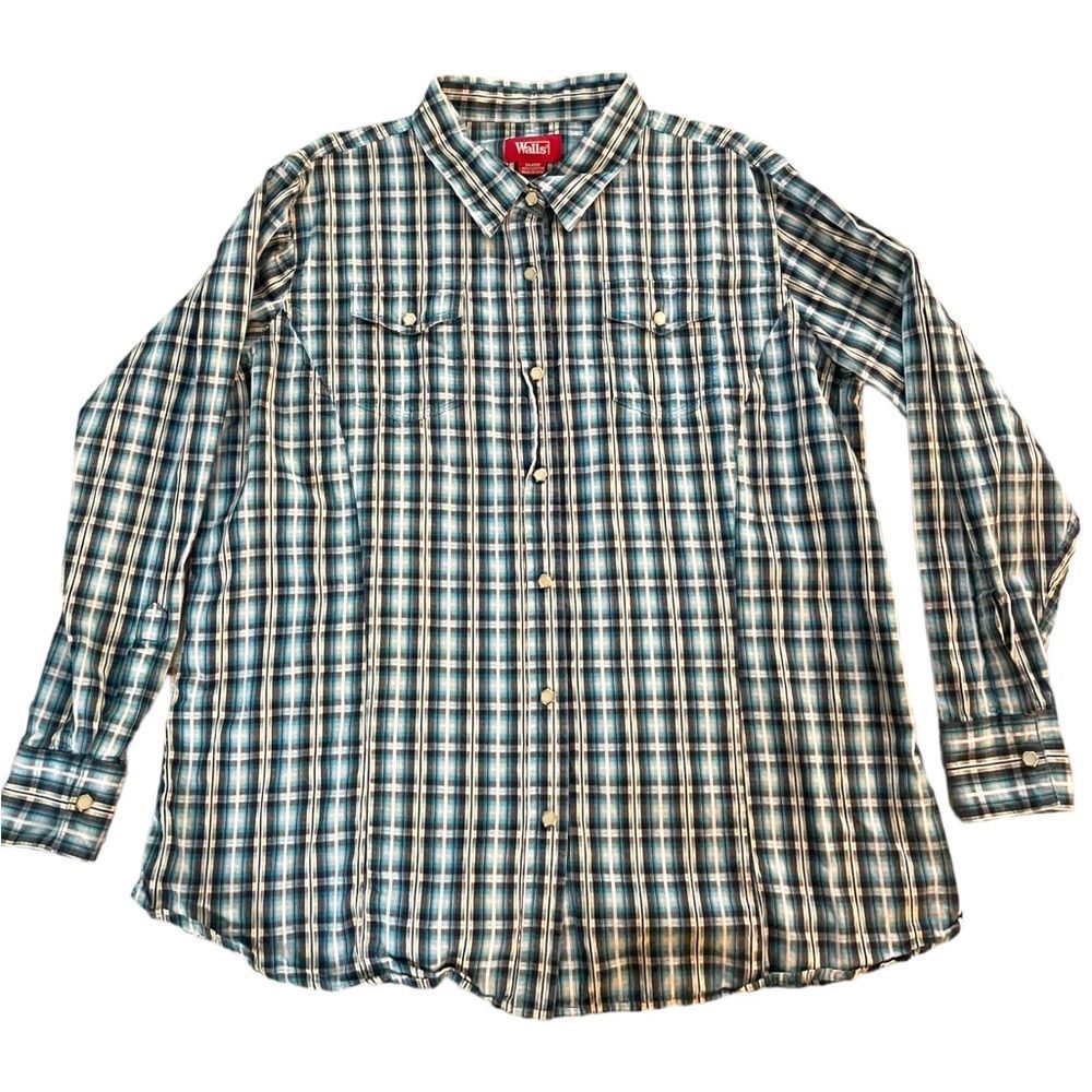 Walls Ranch Wear Pearl Snap Turquoise Checkered Shirt